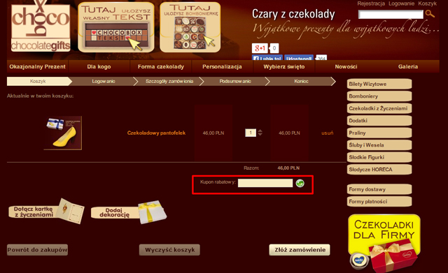 chocobox tutaj wpisz kupon rabatowy - zrzut ekranu koszyka