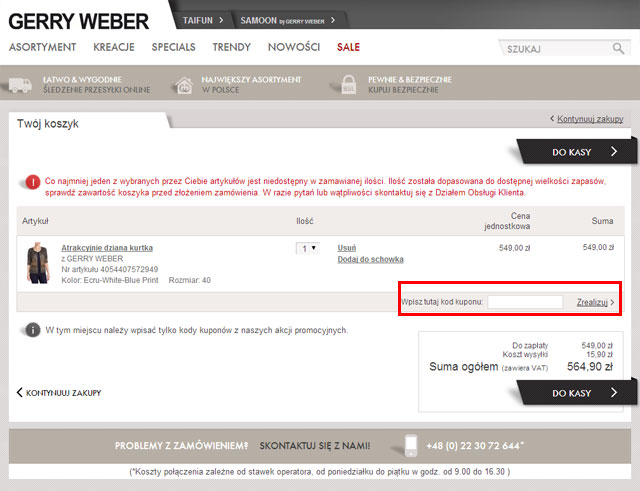 Gerry weber zrzut ekranu koszyk zamówienia i pole kupon rabatowy