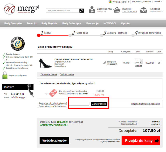 Merg.pl screenhot miejsca w które należy wpisać kod rabatowy