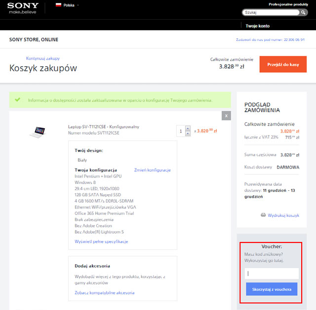 Sony PL  miejsce wktórym nalezy wpisać kod kuponu promocyjnego aby uzyskać zniżkę - zrzut ekranu